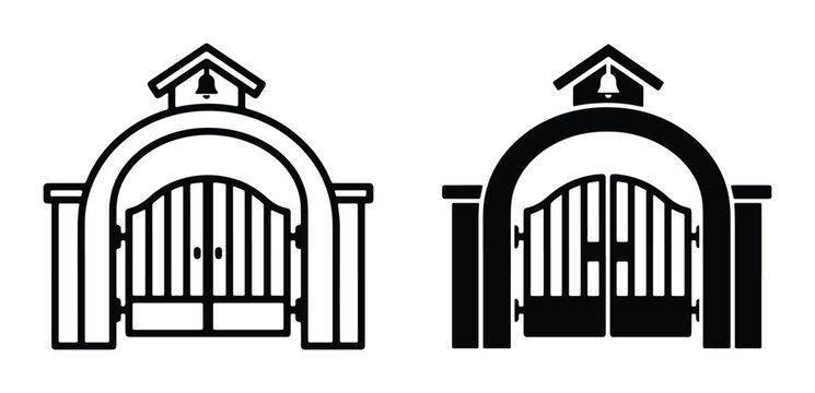School house gate silhouettes in black and white vector illustration