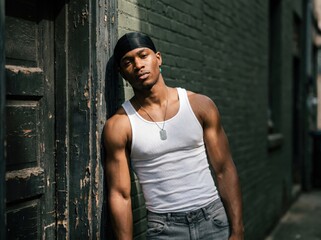 Naklejka premium Confident young man in white tank top leaning against urban wall in street style portrait