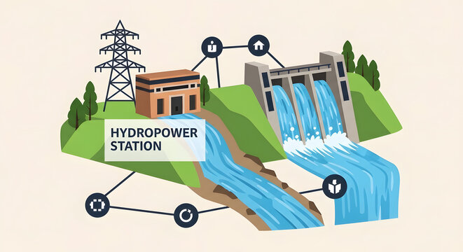 Renewable Hydropower Station Diagram, Energy Infrastructure. Flat vector illustration of hydroelectric dam connecting to power lines and residential homes, showing the flow of clean energy generation