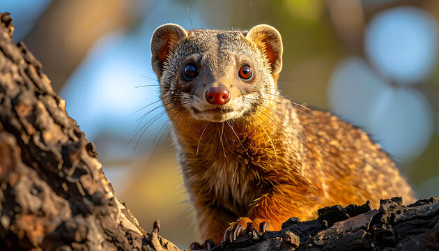 Banded mongoose perched on tree branch, curious expression, warm sunlight, natural habitat, detailed fur texture, wildlife photography, safari scene