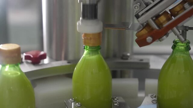 Medium shot of automatic bottling machine filling green fruit juice and capping glass bottles in a beverage factory.