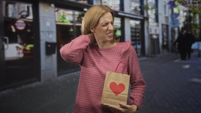 Woman holding paper bag stamped with a red heart, rubbing her neck and wincing on a city shopping street lined with stores and pavement; everyday discomfort.