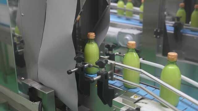 Medium shot of quality control inspection and labeling of bottled green citrus juice on an industrial conveyor.