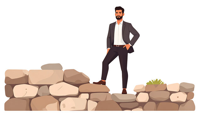 Businessman in suit standing on stone steps, career progress and achievement, building success step by step, solid foundation and ambition