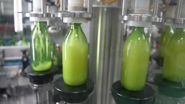 Medium shot of automatic bottling machine filling green fruit juice and capping glass bottles in a beverage factory.