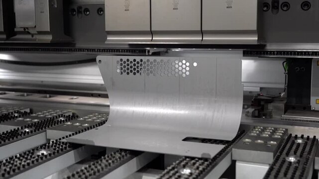 Medium shot of hydraulic press brake machine bending sheet metal components in a precision metal workshop.