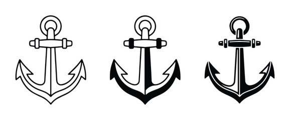 set of three black and white nautical anchors with different designs on transparent background © Tania