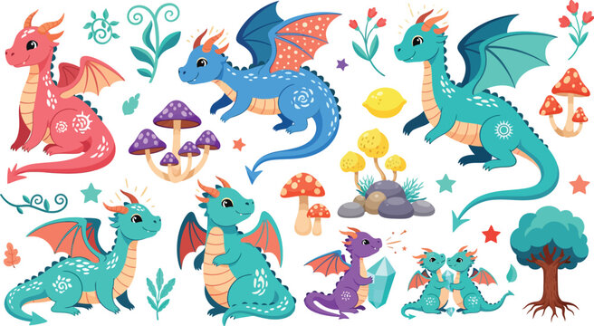 Whimsical illustration of dragons and fantasy creatures in a colorful magical forest with mushrooms and plants and trees