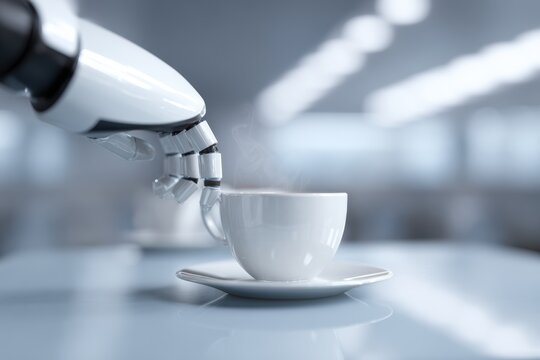 robot serving coffee in futuristic cafe environment
