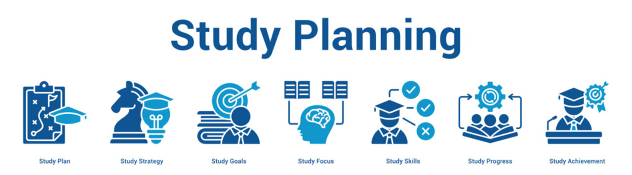 Study Planning web banner icon set vector illustration concept for business with icon of Study Plan, Study Strategy, Study Goals, Study Focus, Study Skills, Study Progress, St.