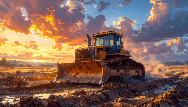 Heavy Duty Bulldozer Working on Construction Site During Golden Hour Sunset.