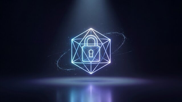 Cybersecurity concept with glowing geometric lock symbol representing encrypted data protection network security digital privacy secure access authentication and advanced technology system defense