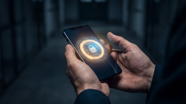 Mobile biometric security concept with digital lock interface representing secure authentication data protection cybersecurity mobile banking privacy verification and safe access technology