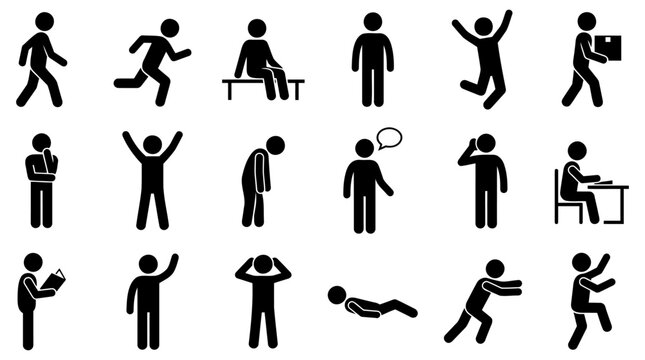Diverse collection of black stick figure icons showing various human poses and daily activities for modern web design and mobile application interfaces