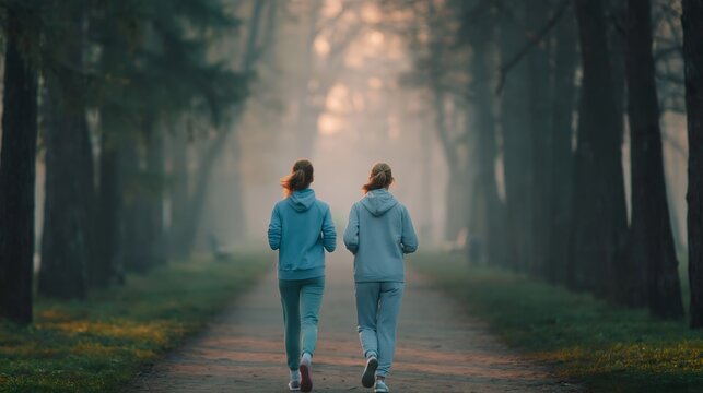 Calm morning jog in misty forest