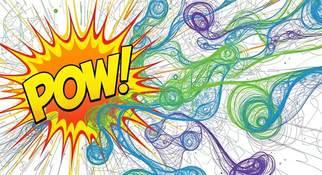Comic book explosion effect with POW! text, colorful dynamic background
