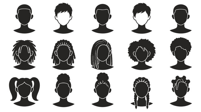 Diverse set of human profile silhouettes showing various hairstyles and facial shapes as a flat vector graphic design for web user avatars