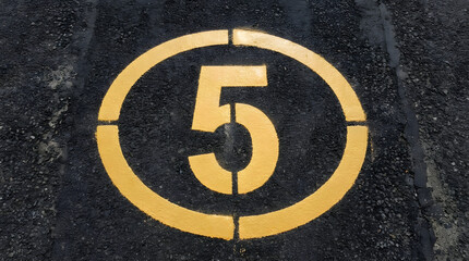 Fototapeta premium Yellow number five within an oval on asphalt. Vibrant street number for road signs or industrialthemed design projects. Street marking concept.
