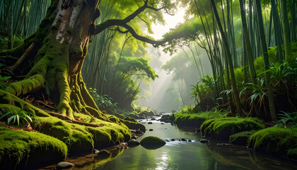 Fototapeta premium Enchanting Bamboo Forest Stream with Ancient Mossy Tree Roots.