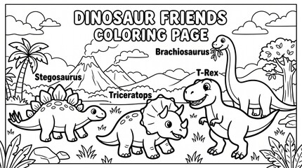 Dinosaur coloring page for kids, black and white outline, bold thick lines, T-Rex, Triceratops, Brachiosaurus, Stegosaurus, simple and cute style, no shading, printable coloring book page © Tasha