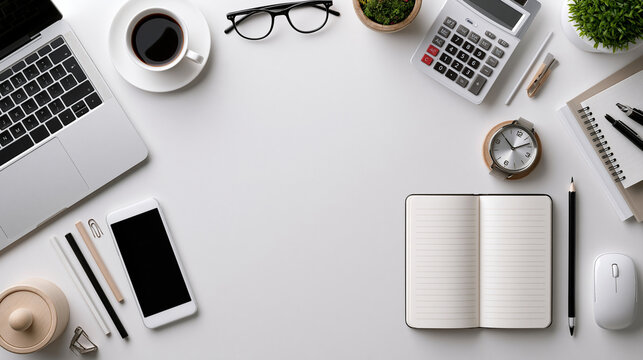 Top view business workspace with laptop, coffee, calculator and notebook, clean desk flat lay with large copy space