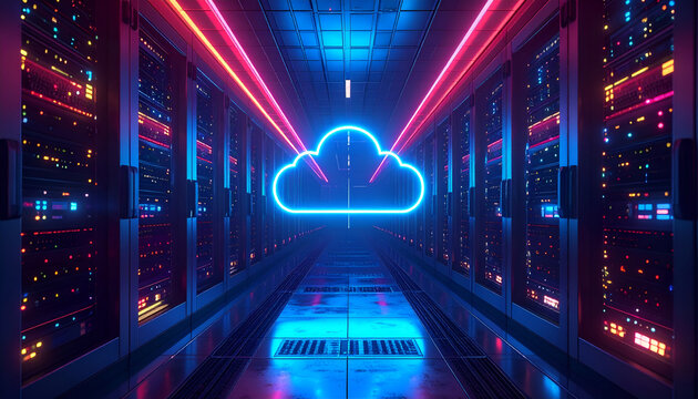 Futuristic Neon Cloud Data Center Server Room.