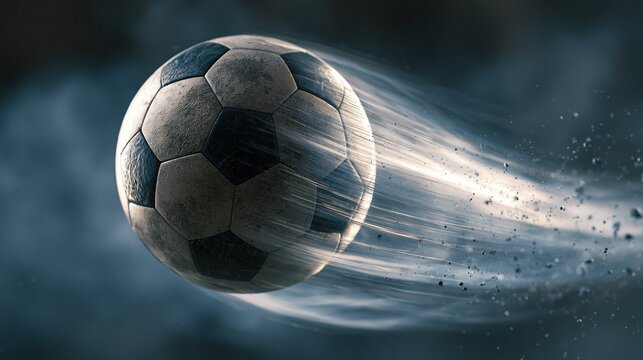 Vintage black and white soccer ball moving at high speed with motion blur effect and flying particles against dark moody background showing power of competitive sport