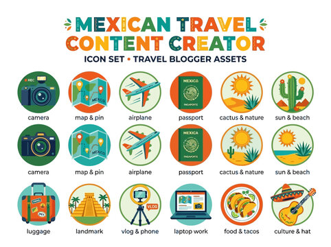 Mexican Travel Content Creator Icon Set for Travel Bloggers and Influencers
