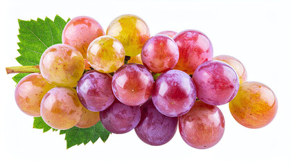 Naklejka premium Fresh, translucent pink grapes with a green leaf isolated on white. This vibrant bunch symbolizes harvest and health, perfect for food blogs, menu designs, and organic lifestyle marketing.
