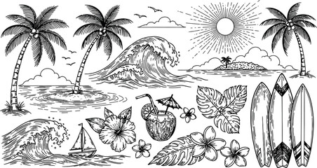 Obraz premium Tropical Beach Scene Elements Collection Hand Drawn Style.