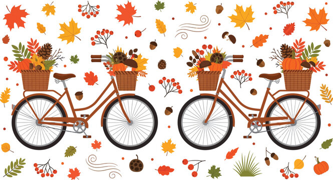 Three bicycles with baskets of flowers and fall leaves on a white background with colorful autumn decorations