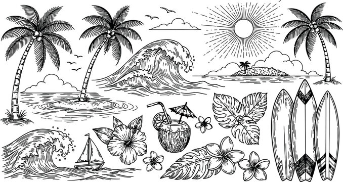 Tropical Beach Scene Elements Collection Hand Drawn Style.