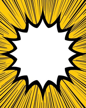 Comic book style speech bubble with yellow sunburst rays and action lines