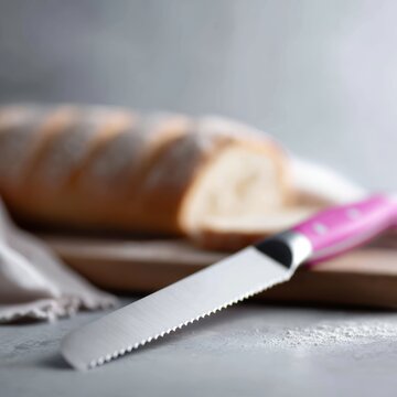 Serrated bread knife with pink handle on kitchen counter, baking and cooking concept