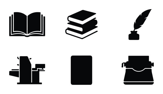 bookshelf and writing tools vector icons on white background