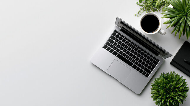 Clean corporate workspace with laptop, coffee and green plants, modern office desk flat lay banner with large copy space