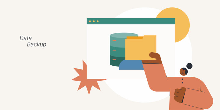 Flat design of a character holding a folder with a database stack inside a browser window, symbolizing data backup and file management, ideal for technology and IT content.
