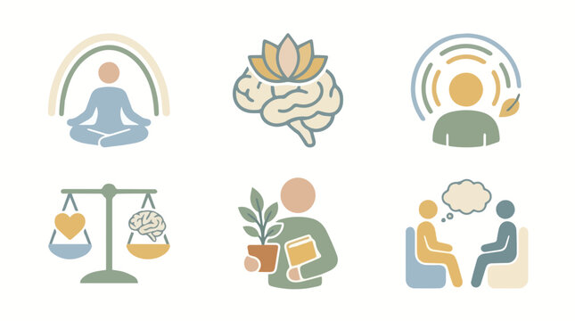 Mental health and mindfulness icons for psychology and wellness