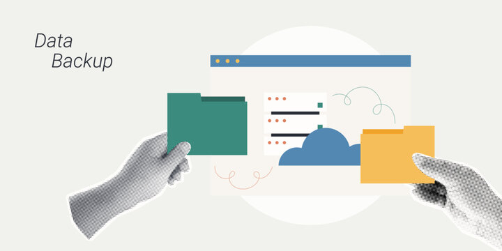 Trendy Halftone Collage of two halftone hands holding folders with cloud storage and a document screen, symbolizing data backup and file management, ideal for technology and IT content.