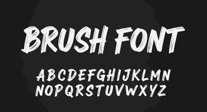 Bold white handwritten brush font alphabet on black background