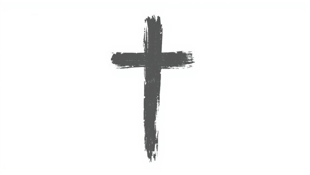 A hand drawn black christian cross symbol with a rough brush stroke texture