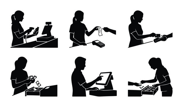 set of vector silhouettes depicting various cash transactions including mobile payments card swiping and paper money