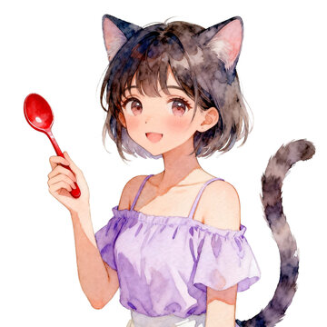 [Transparent Background PNG]Cute Anime Girl with Cat Ears Holding Red Spoon