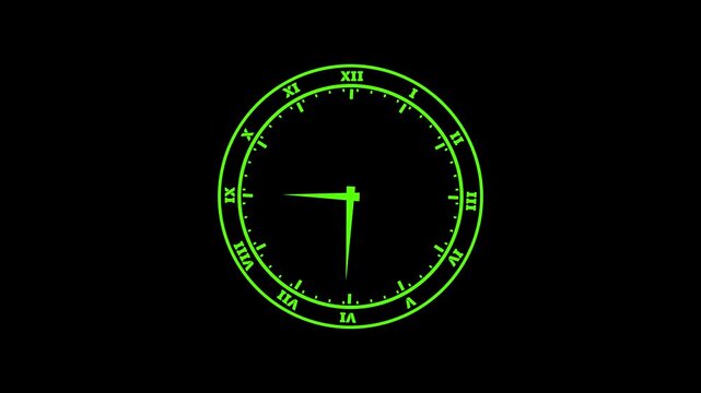 Neon green roman numeral analog clock face spinning fast time lapse motion watch roman numerals.