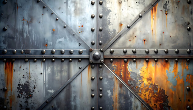 grungy riveted metal panel texture with rust and peeling paint, industrial surface, weathered look, for background or design elements