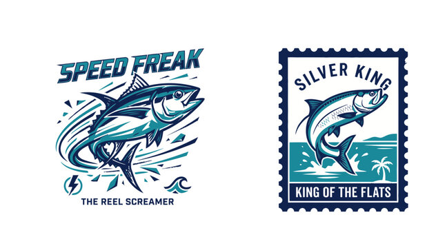 Two blue shark graphics on a white background show speed and royalty.