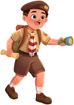 Boy Scout Exploring with Flashlight Illustration