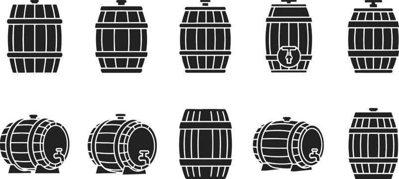 Collection of wooden barrels for wine or whiskey storage representing industrial production and fermentation craft.