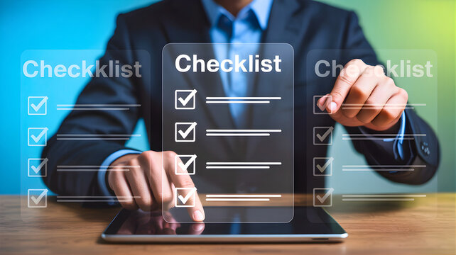 Mastering the Checklist: An executive meticulously navigates a virtual checklist on a digital device, symbolizing precision, organization, and the pursuit of flawless execution.