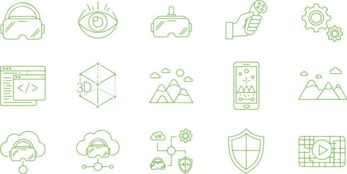 Digital technology icons representing virtual reality augmented reality mobile app development and network connections.